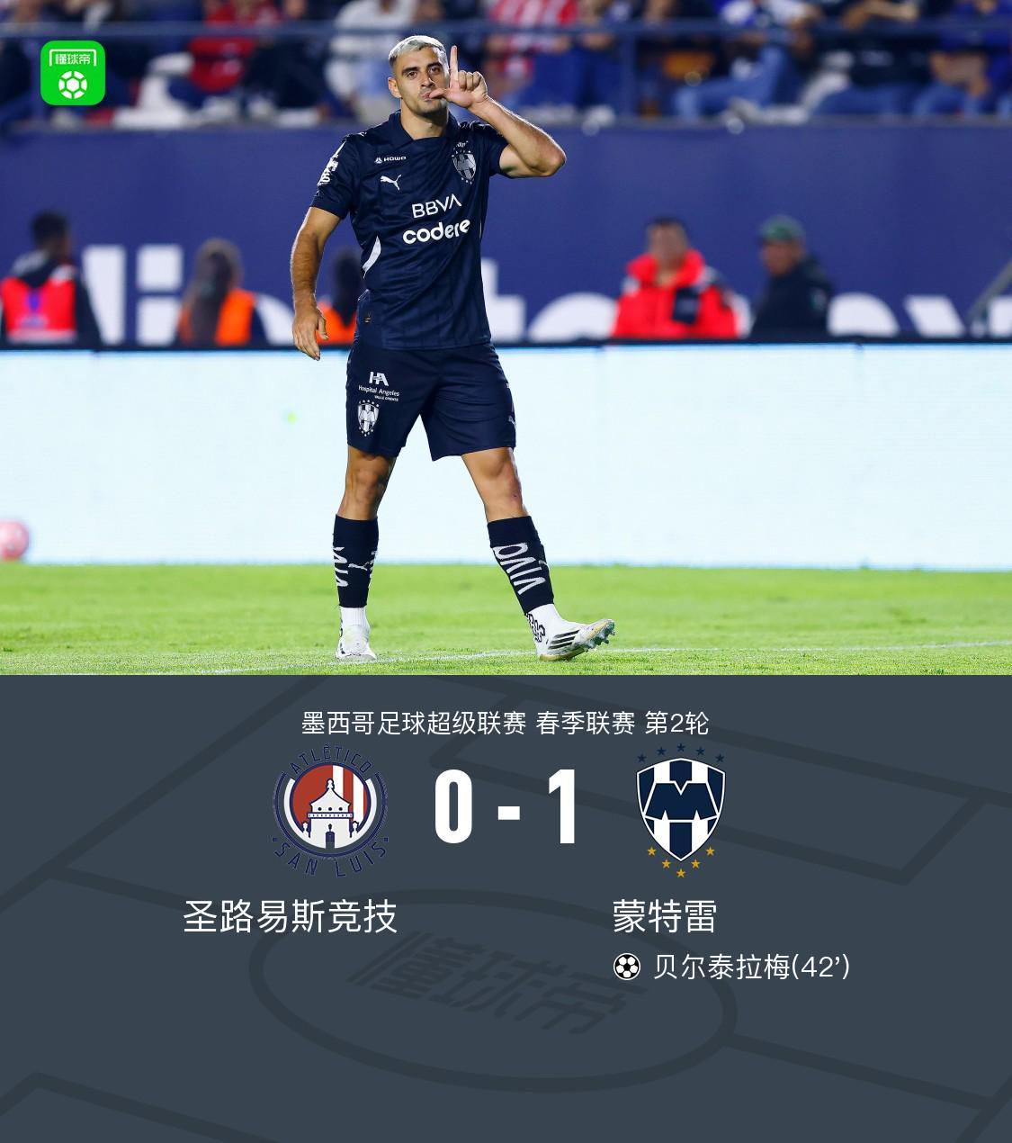 乐鱼体育登入-蒙特雷1-0客胜圣路易斯竞技，卡纳莱斯助攻贝尔泰拉梅制胜